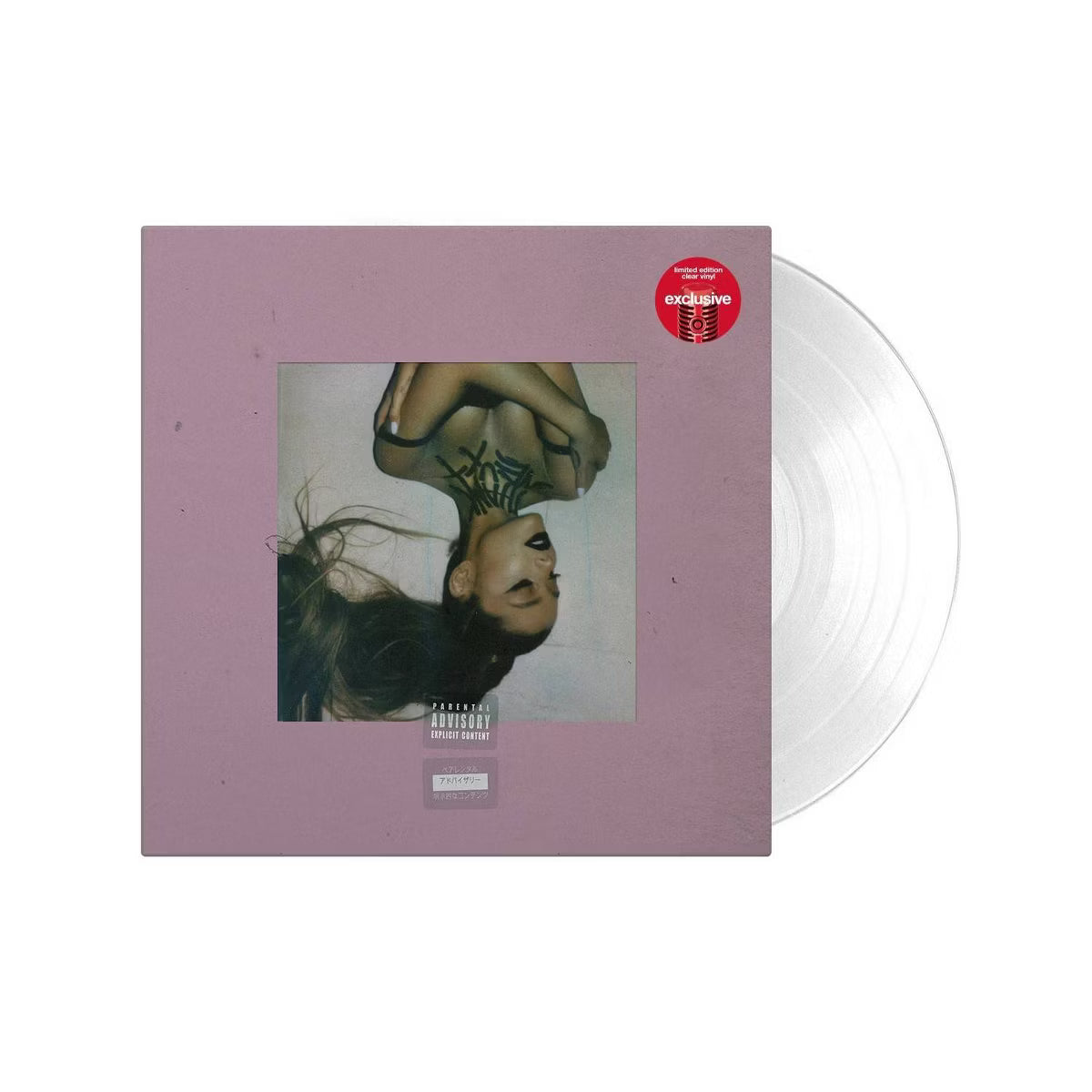 Vinilo transparente de Ariana Grande – thank u, next de la colección exclusiva de Oh My Cd! sobre fondo blanco.